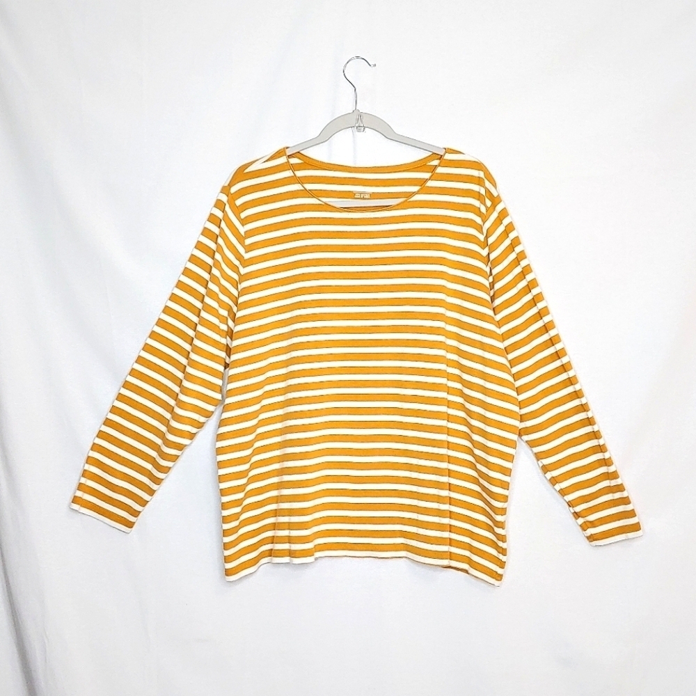 CJ Banks horizontal strip, long sleeved tee. Gold/white 1X - Picture 2 of 13